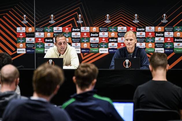 LEUVEN, BELGIUM - SEPTEMBER 14 : Gustaf Nilsson forward of Union St-Gilloise and Geraerts Karel head coach of Union St-Gilloise pictured during a press conference, PK, Pressekonferenz prior to the UEFA Europa League match between Union St-Gilloise and Malmö FF at the King Power Stadium at den Dreef on September 14, 2022 in Leuven, Belgium, 14 09 2022 ( Union ST-Gilloise press conference. PhotoNews Panoramic 