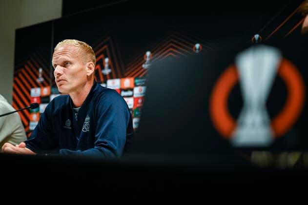 LEUVEN, BELGIUM - SEPTEMBER 14 : Geraerts Karel head coach of Union St-Gilloise pictured during a press conference, PK, Pressekonferenz prior to the UEFA Europa League match between Union St-Gilloise and Malmö FF at the King Power Stadium at den Dreef on September 14, 2022 in Leuven, Belgium, 14 09 2022 ( Union ST-Gilloise press conference. PhotoNews Panoramic 