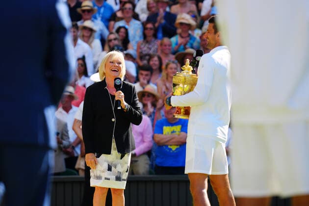 Mandatory Credit: Photo by Javier Garcia Shutterstock (13018062ge) Sue Barker and Novak Djokovic Wimbledon Tennis Championships, Day 14, The All England Lawn Tennis and Croquet Club, London, UK - 10 Jul 2022 Wimbledon Tennis Championships, Day 14, The All England Lawn Tennis and Croquet Club, London, UK - 10 Jul 2022  Copyright: xJavierxGarcia Shutterstockx 13018062ge