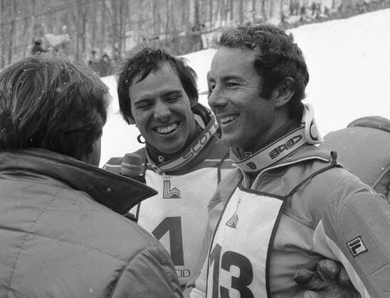 LAKE PLACID 1980-02-21 Ingemar Stenmark hyllas efter OS-guldet i slalom Lake Placid 1980 tillsammans med Phil Mahre. LAKE PLACID USA OS x1001x  Copyright: xJanxCollsiööx OS LAKE PLACID 1980 ALPINT