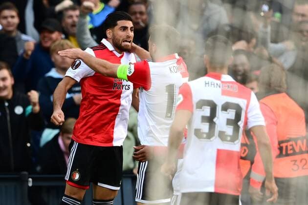 ROTTERDAM - Alireza Jahanbakhsh of Feyenoord, Orkun Kokcu of Feyenoord celebrate the 1-0 during the UEFA Europa League Group F match between Feyenoord and Sturm Graz at Feyenoord Stadion de Kuip on September 15, 2022 in Rotterdam, Netherlands. ANP OLAF KRAAK UEFA Europa League group F 2022 2023 xVIxANPxSportx xxANPxIVx