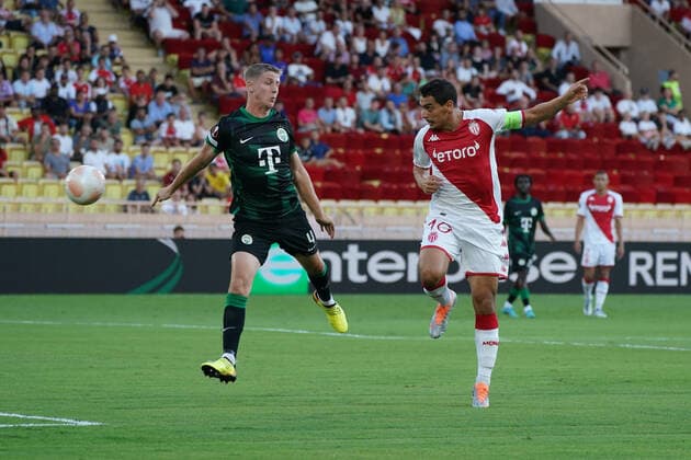 Wissam Ben Yedder (AS Monaco) - Mats Knoester (Ferencvaros TC) FOOTBALL : AS Monaco vs Ferencvaros TC - Ligue Europa - Phase de groupe - Monaco - 15 09 2022 NorbertScanella Panoramic 