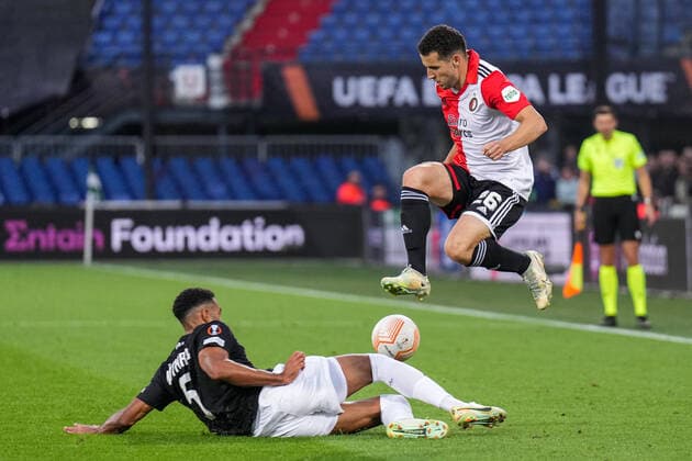 UEFA Europa League: Feyenoord v SK Sturm Graz Rotterdam - Gregory Wuthrich of Strum Graz, Oussama Idrissi of Feyenoord during the match between Feyenoord v SK Sturm Graz at Stadion Feijenoord De Kuip on 15 September 2022 in Rotterdam, Netherlands. Copyright: xYannickxVerhoevenx