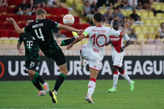 Fußball, EL, AS Monaco - Ferencvaros Budapest Wissam Ben Yedder (AS Monaco) - Mats Knoester (Ferencvaros TC) FOOTBALL : AS Monaco vs Ferencvaros TC - Ligue Europa - Phase de groupe - Monaco - 15 09 2022 NorbertScanella Panoramic 