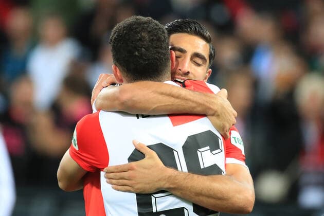 SOCCER - UEFA EL, Feyenoord vs Sturm ROTTERDAM, NETHERLANDS,15.SEP.22 - SOCCER - UEFA Europa League, group stage, Feyenoord Rotterdam vs SK Sturm Graz. Image shows the rejoicing of Alireza Jahanbakhsh and Oussama Idrissi (Feyenoord).  GEPAxpictures xMarioxBuehner