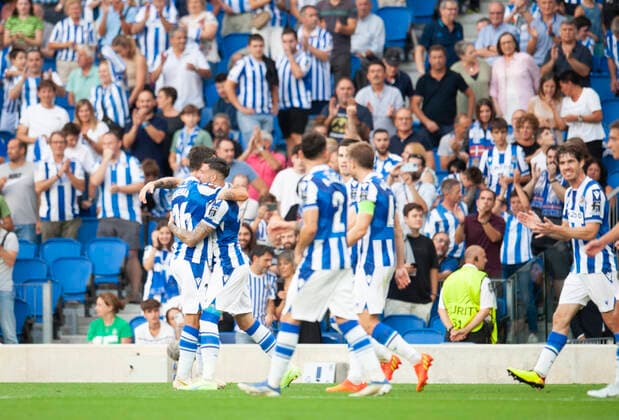 Fußball, EL, Real Sociedad San Sebastian - Omonia Nikosia Partido de la UEFA Europa League 2022-23 entre la Real Sociedad de Futbol y el AC Omonia Nicosia, jugado en el Reale Arena. En la imagen, . UEFA Europa League 2022-23 match between Real Sociedad and Omonia Nicosia, played at Reale Arena stadium. In this picture, . JOSUNExMTZ.xDExALBENIZ 