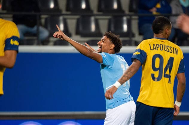 Fußball, EL, Royale Union Saint-Gilloise - Malmö FF 220915 Joseph Ceesay of Malmö FF celebrates after scoring 0-1 during the UEFA Europa League match between Royale Union Saint-Gilloise and Malmö FF on September 15, 2022 in Leuven. Photo: Christian Örnberg BILDBYRAN COP 166 CO0231 fotboll football soccer fotball uefa europa league royale union saint-gilloise malmö ff bbeng jubel Copyright: CHRISTIANxÖRNBERG BB220915CO022
