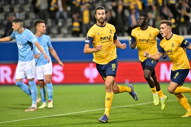 Fußball, EL, Royale Union Saint-Gilloise - Malmö FF Union s Christian Burgess celebrates after scoring during a soccer game between Belgian Royale Union Saint-Gilloise and Swedish Malmo Fotbollforening, Thursday 15 September 2022 in Leuven, on day 2 of the UEFA Europa League group stage. JOHANxEYCKENS  x44558696x