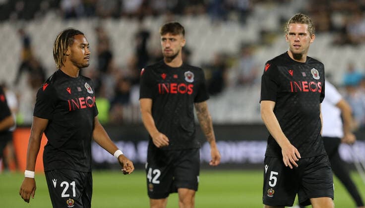 Fußball, ECL, Partizan Belgrad - OGC Nizza Alexis Beka Beka and Mads Bech Sörensen Soerensen OGC Nice FOOTBALL : Partizan vs OGC Nice - UEFA Conference Ligue - 15 09 2022 AleksandarDjorovic Panoramic 
