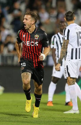 Fußball, ECL, Partizan Belgrad - OGC Nizza Joe Bryan OGC Nice celebrate scored goal FOOTBALL : Partizan vs OGC Nice - UEFA Conference Ligue - 15 09 2022 AleksandarDjorovic Panoramic 
