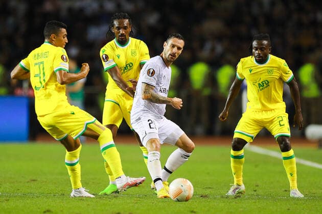 Fußball, EL, Qarabag Agdam - FC Nantes Marko Vesovic 29 of Qarabag and Mostafa Mohamed 31 of Nantes during the UEFA Europa League group G match between Qarabag FK and FC Nantes at Tofig Bahramov Stadium on September 15, 2022 in Baku, Azerbaijan. Copyright: xAzizxKarimovx qarabag-nants2