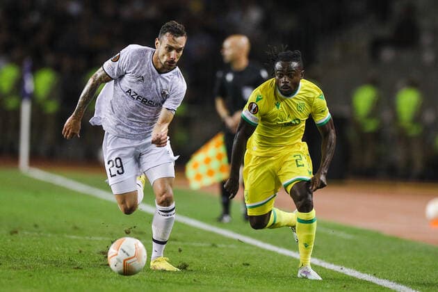 Marko Vesovic 29 of Qarabag and Jean-Charles Castelletto 21 of Nantes during the UEFA Europa League group G match between Qarabag FK and FC Nantes at Tofig Bahramov Stadium on September 15, 2022 in Baku, Azerbaijan. Copyright: xAzizxKarimovx qarabag-nants7