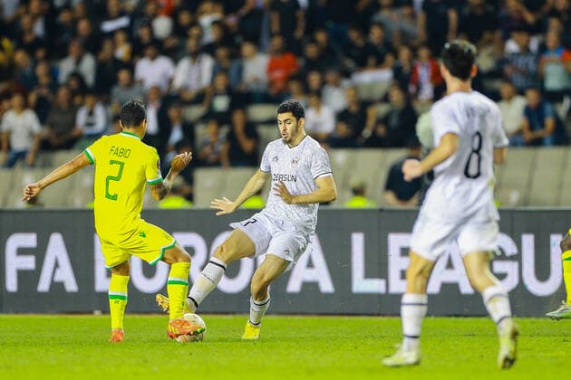 Ramil Sheydaev 77 of Qarabag and Fabio 2 of Nantes during the UEFA Europa League group G match between Qarabag FK and FC Nantes at Tofig Bahramov Stadium on September 15, 2022 in Baku, Azerbaijan. Copyright: xAzizxKarimovx qarabag-nants12