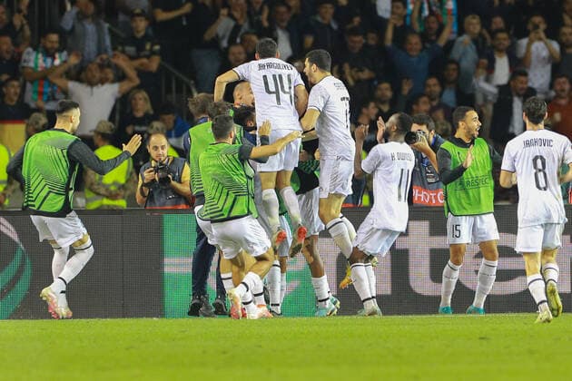 Abdellah Zoubir of Qarabag celebrates scoring their second goal with teammates during the UEFA Europa League group G match between Qarabag FK and FC Nantes at Tofig Bahramov Stadium on September 15, 2022 in Baku, Azerbaijan. Copyright: xAzizxKarimovx qarabag-nants13