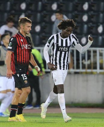 Joe Bryan(L) OGC Nice,Diabate Fousseni(R) Partizan celebate after scored goal FOOTBALL : Partizan vs OGC Nice - UEFA Conference Ligue - 15 09 2022 AleksandarDjorovic Panoramic 