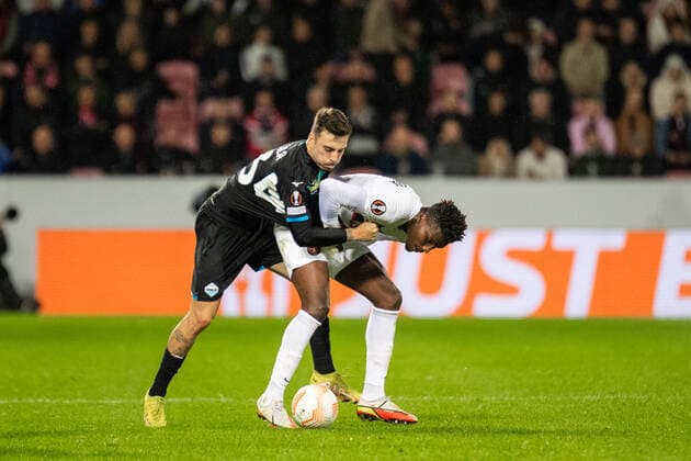 FC Midtjylland v Lazio, UEFA Europa League football, Herning, Denmark Herning, Denmark. 15th, September 2022. Sory Kaba (9) of FC Midtjylland and Mario Gila (34) of Lazio seen during the UEFA Europa League match between FC Midtjylland and Lazio at MCH Arena in Herning. Herning Denmark  Copyright: xGonzalesxPhoto BalazsxPopalx