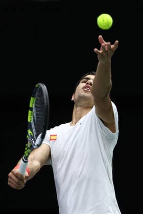 September 16, 2022, VALENCIA, VALENCIA, SPAIN: Carlos Alcaraz of Spain in action against Felix Auger-Aliassime of Canada during the Davis Cup by Rakuten 2022, Finals Group B, tennis match 2 played between Spain and Canada at Fuente de San Luis pavilion on September 16, 2022, in Valencia, Spain. VALENCIA SPAIN - ZUMAa181 20220916_zaa_a181_062 Copyright: xOscarxJ.xBarrosox