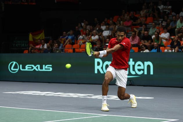 September 17, 2022, VALENCIA, VALENCIA, SPAIN: Felix Auger-Aliassime and Vasek Pospisil of Canada play doubles against Marcel Granollers and Pedro Martinez of Spain during the Davis Cup by Rakuten 2022, Finals Group B, tennis match 3 played between Spain and Canada at Fuente de San Luis pavilion on September 16, 2022, in Valencia, Spain. VALENCIA SPAIN - ZUMAa181 20220917_zaa_a181_015 Copyright: xOscarxJ.xBarrosox