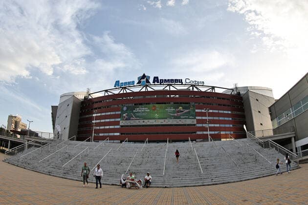 Armeyets arena (front main entrance) before apparatus final at 2022 world championships in Sofia; 15 09 2022;