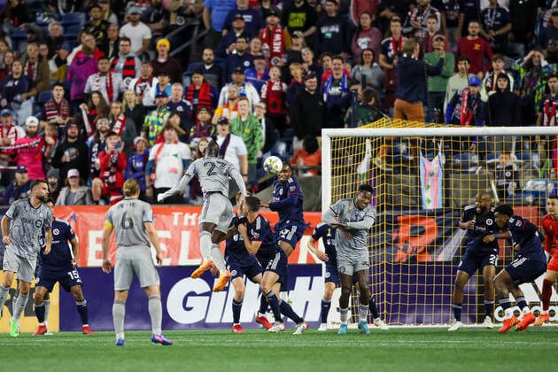 Sep 17, 2022; Foxborough, Massachusetts, USA; CF Montreal forward Kei Kamara (23) tries to put a shot on net against the New England Revolution at Gillette Stadium. Cal Media USA - ZUMAc04_ 20220917_zaf_c04_563 Copyright: xBurtxGranofskyx