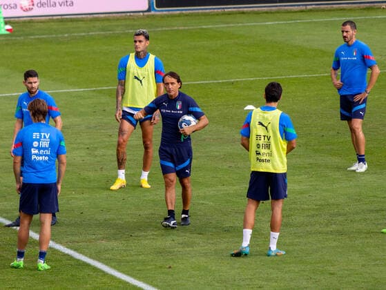 ItalyÃ‚Â s Head Coach Roberto Mancini, Leonardo Bonucci, Jorginho, Gianluca Scamacca during press conference, PK, Pressekonferenz and Italy training session, Other in Florence, Italy, September 19 2022  Copyright: xNicolasxMorassuttix xipa-agency.x xLivexMediax 0