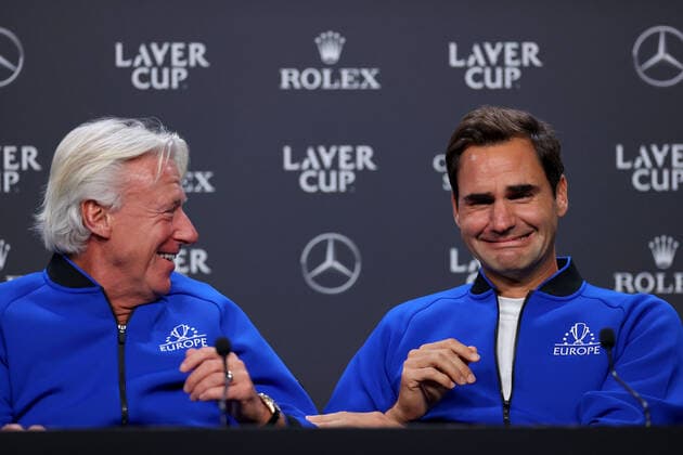 Sport Themen der Woche KW38 Sport Bilder des Tages Mandatory Credit: Photo by Ella Ling Shutterstock (13409454b) Team Europe Captain Bjorn Borg laughs with Roger Federer during a press conference, PK, Pressekonferenz before the Laver Cup Laver Cup, Tennis Tournament, Practise Day, 02 Arena, London, UK - 22 Sep 2022 Laver Cup, Tennis Tournament, Practise Day, 02 Arena, London, UK - 22 Sep 2022  Copyright: xEllaxLing Shutterstockx 13409454b