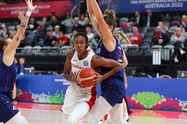 22nd September 2022; Homebush, Sydney, New South Wales, Australia: Women s World Cup Basketball, Serbia versus Canada: Kayla ALEXANDER of Canada is challenged by the defence of Serbia  ActionPlus12428363 KevinxManning