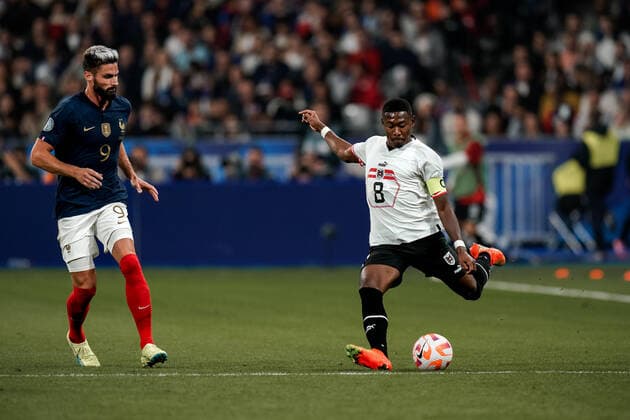 SOCCER - NL, FRA vs AUT SAINT DENIS,FRANCE,22.SEP.22 - SOCCER - UEFA Nations League, OEFB international match, Länderspiel, Nationalmannschaft France vs Austria. Image shows Olivier Giroud (FRA) and David Alaba (AUT).  GEPAxpictures xJohannesxFriedl