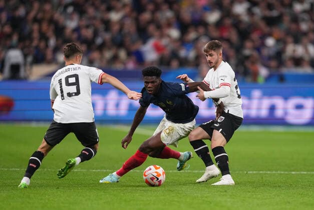 Aurelien Tchouameni (Real Madrid) of France & Romano Schmid (right) (Werder Bremen) of Austria during the International nations league match between France and Austria at Stade de France, Paris, France on 22 September 2022. Copyright: xAndyxRowlandx PMI-5185-0027