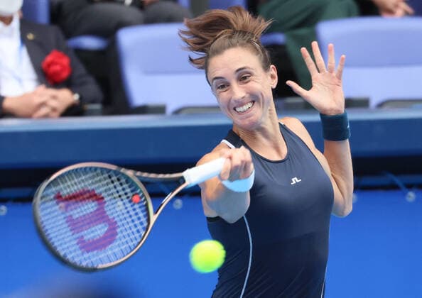September 23, 2022, Tokyo, Japan - Petra Martic of Croatia returns the ball against Zhang Shuai of China at the singles quarter final match at the Toray Pan Pacific Open tennis tournament at the Ariake Coliseum in Tokyo on Friday, September 23, 2022. Zhang defeated Martic 7-5, 6-2. Noxthirdxpartyxsales  (0169878040st)