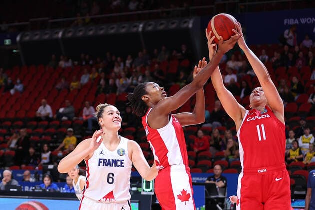 23rd September 2022; Sydney, Homebush, New South Wales, Australia, Women s World Cup Basketball: Canada versus France: teammates Kayla ALEXANDER and Natalie ACHONWA of Canada both compete for the ball  ActionPlus12428697 KevinxManning