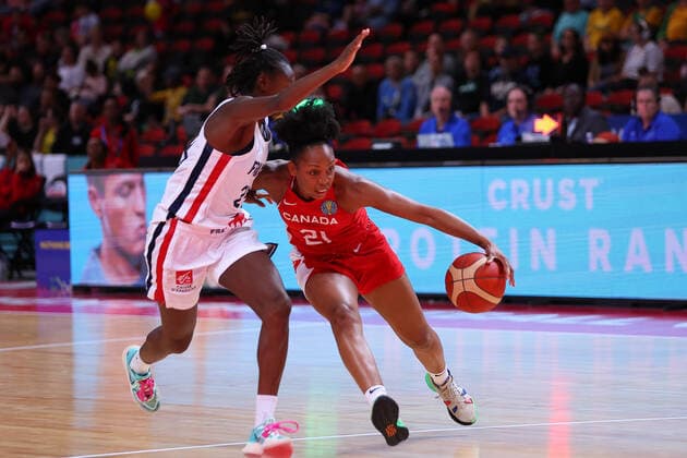 23rd September 2022; Sydney, Homebush, New South Wales, Australia, Women s World Cup Basketball: Canada versus France: Nirra FIELDS of Canada is too strong for Mamignan TOURE of France  ActionPlus12428733 KevinxManning