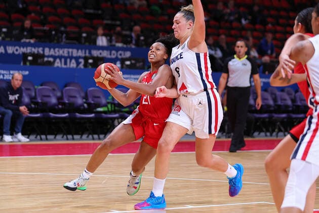 23rd September 2022; Sydney, Homebush, New South Wales, Australia, Women s World Cup Basketball: Canada versus France: Nirra FIELDS of Canada is too strong for Alexia CHARTEREAU of France  ActionPlus12428741 KevinxManning