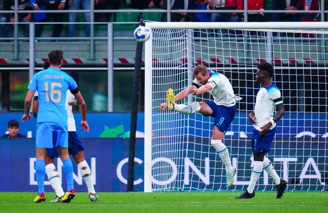 Mandatory Credit: Photo by Javier Garcia Shutterstock (13413805af) Captain Harry Kane of England clears his lines defensively as Bukayo Saka looks on Italy v England, UEFA Nations League, Group A3, International Football, Stadio Giuseppe Meazza, Milan, Italy - 23 Sep 2022 EDITORIAL USE ONLY No use with unauthorised audio, video, data, fixture lists, club league logos or live services. Online in-match use limited to 120 images, no video emulation. No use in betting, games or single club league player publications. Italy v England, UEFA Nations League, Group A3, International Football, Stadio Giuseppe Meazza, Milan, Italy - 23 Sep 2022 EDITORIAL USE ONLY No use with unauthorised audio, video, data, fixture lists, club league logos or live services. Online in-match use limited to 120 images, no video emulation. No use in betting, games or single club league player publications. Copyright: xJavierxGarcia Shutterstockx 13413805af