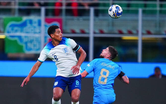 Mandatory Credit: Photo by Javier Garcia Shutterstock (13413805aj) Jude Bellingham of England and Jorginho of Italy Italy v England, UEFA Nations League, Group A3, International Football, Stadio Giuseppe Meazza, Milan, Italy - 23 Sep 2022 EDITORIAL USE ONLY No use with unauthorised audio, video, data, fixture lists, club league logos or live services. Online in-match use limited to 120 images, no video emulation. No use in betting, games or single club league player publications. Italy v England, UEFA Nations League, Group A3, International Football, Stadio Giuseppe Meazza, Milan, Italy - 23 Sep 2022 EDITORIAL USE ONLY No use with unauthorised audio, video, data, fixture lists, club league logos or live services. Online in-match use limited to 120 images, no video emulation. No use in betting, games or single club league player publications. Copyright: xJavierxGarcia Shutterstockx 13413805aj