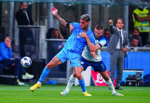 Mandatory Credit: Photo by Javier Garcia Shutterstock (13413805as) Gianluca Scamacca of Italy and Eric Dier of England as Coach Roberto Mancini looks on Italy v England, UEFA Nations League, Group A3, International Football, Stadio Giuseppe Meazza, Milan, Italy - 23 Sep 2022 EDITORIAL USE ONLY No use with unauthorised audio, video, data, fixture lists, club league logos or live services. Online in-match use limited to 120 images, no video emulation. No use in betting, games or single club league player publications. Italy v England, UEFA Nations League, Group A3, International Football, Stadio Giuseppe Meazza, Milan, Italy - 23 Sep 2022 EDITORIAL USE ONLY No use with unauthorised audio, video, data, fixture lists, club league logos or live services. Online in-match use limited to 120 images, no video emulation. No use in betting, games or single club league player publications. Copyright: xJavierxGarcia Shutterstockx 13413805as