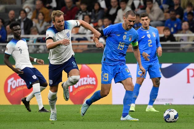 Harry Kane of England and Leonardo Bonucci of Italy during the Uefa Nations League League A group 3 football match between Italy and England at San Siro Stadium stadium in Milano (Italy), September 23h, 2022. Photo Andrea Staccioli Insidefoto andreaxstaccioli