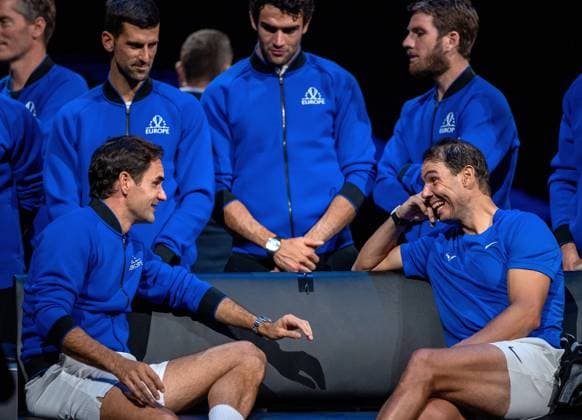 Mandatory Credit: Photo by Ella Ling Shutterstock (13413997fu) Roger Federer and Rafael Nadal of Team Europe emotional watching a video montage after their Men s Doubles match, the final match of Federer s career Laver Cup, Tennis Tournament, Day One, 02 Arena, London, UK - 23 Sep 2022 Laver Cup, Tennis Tournament, Day One, 02 Arena, London, UK - 23 Sep 2022  Copyright: xEllaxLing Shutterstockx 13413997fu