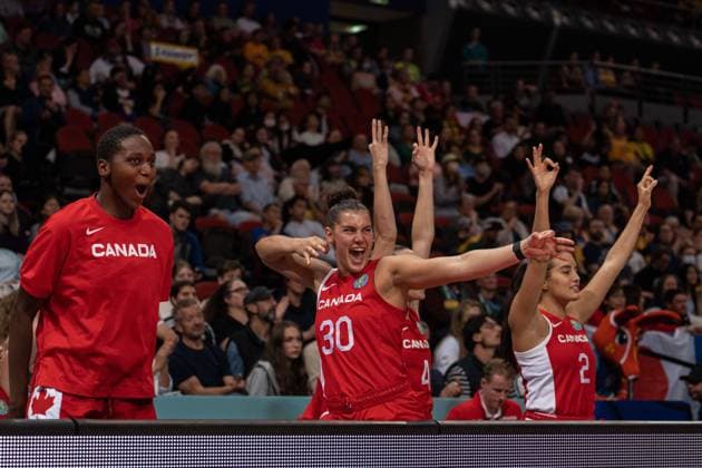 FIBA Womens World Cup 2022 - Japan v Canada Taya Hanson (30 Canada) and the Canadian bench celebrate a basket during the FIBA Womens World Cup 2022 game between Japan and Canada at the Sydney Superdome in Sydney, Australia. Noe Llamas SPP Copyright: xNoexLlamas SPPx noe_llamas_sports_press_photo_172386