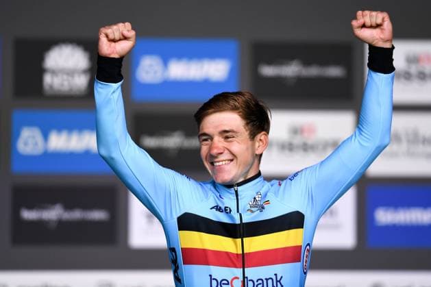 WOLLONGONG, AUSTRALIA - SEPTEMBER 25: Winner Remco Evenepoel of Belgium celebrates on the podium during the Men s Elite Road Race at the UCI Road World Championship, WM, Weltmeisterschaft in Wollongong on September 25, 2022. (Photo by Steven Markham Icon Sportswire) CYCLING: SEP 25 UCI Road World Championship - Men s Elite Road Race Icon2209252775