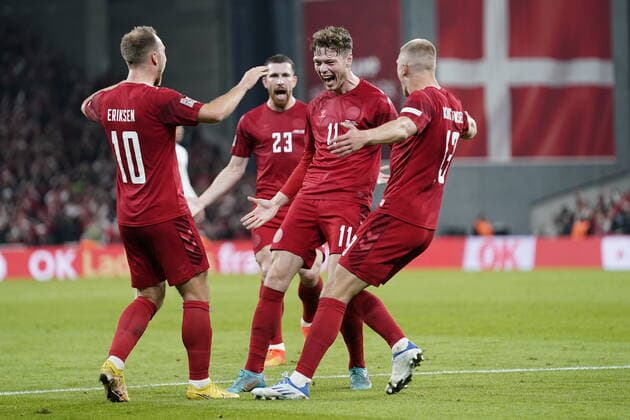 Denmarks Christian Eriksen, Pierre-Emile Hojbjerg, Andreas Skov Olsen and Rasmus Kristensen celebrates the second goal during the UEFA Nations League League A – Group 1 soccer match between Denmark and France at Parken Stadium in Copenhagen, Denmark, Sunday September 25, 2022. , Copenhagen Danmark
