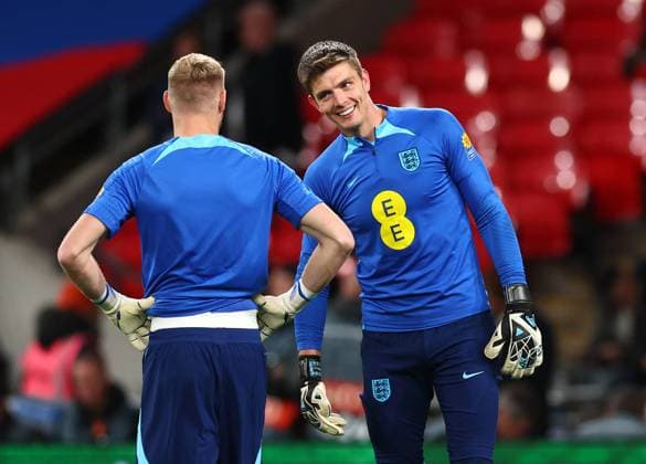 London, England, 26th September 2022. A relaxed Nick Pope of England (r) during the UEFA Nations League match at Wembley Stadium, London. Picture credit should read: David Klein Sportimage EDITORIAL USE ONLY. No use with unauthorised audio, video, data, fixture lists, club league logos or live services. Online in-match use limited to 120 images, no video emulation. No use in betting, games or single club league player publications. SPI-1909-0016