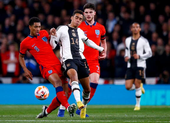 England v Germany UEFA Nations League Jude Bellingham of England battles with Jamal Musiala of Germany during the UEFA Nations League Group C match at Wembley Stadium, London Content Not Available For UK Newspapers Copyright: xPaulxChestertonx FIL-17392-0028 UK Newspapers OUT