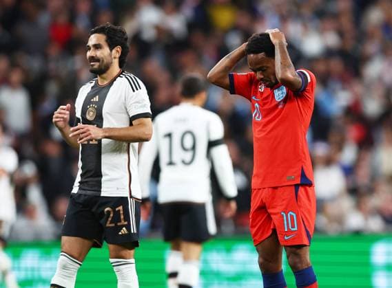 London, England, 26th September 2022. Raheem Sterling of England reacts to his shot being saved during the UEFA Nations League match at Wembley Stadium, London. Picture credit should read: David Klein Sportimage EDITORIAL USE ONLY. No use with unauthorised audio, video, data, fixture lists, club league logos or live services. Online in-match use limited to 120 images, no video emulation. No use in betting, games or single club league player publications. SPI-1909-0040