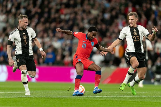 Mandatory Credit: Photo by Juan Gasparini JMP Shutterstock (13421987ak) Raheem Sterling of England in action England v Germany, UK - 26 Sep 2022 Editorial use only England v Germany, UK - 26 Sep 2022 Editorial use only  Copyright: xJuanxGasparini JMP Shutterstockx 13421987ak