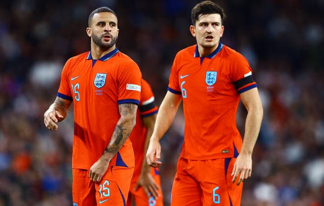 Mandatory Credit: Photo by Kieran McManus Shutterstock (13421401bs) Kyle Walker and Harry Maguire of England. England v Germany, UEFA Nations League, Group A3, International Football, Wembley Stadium, London, UK - 26 Sep 2022 EDITORIAL USE ONLY No use with unauthorised audio, video, data, fixture lists, club league logos or live services. Online in-match use limited to 120 images, no video emulation. No use in betting, games or single club league player publications. England v Germany, UEFA Nations League, Group A3, International Football, Wembley Stadium, London, UK - 26 Sep 2022 EDITORIAL USE ONLY No use with unauthorised audio, video, data, fixture lists, club league logos or live services. Online in-match use limited to 120 images, no video emulation. No use in betting, games or single club league player publications. Copyright: xKieranxMcManus Shutterstockx 13421401bs