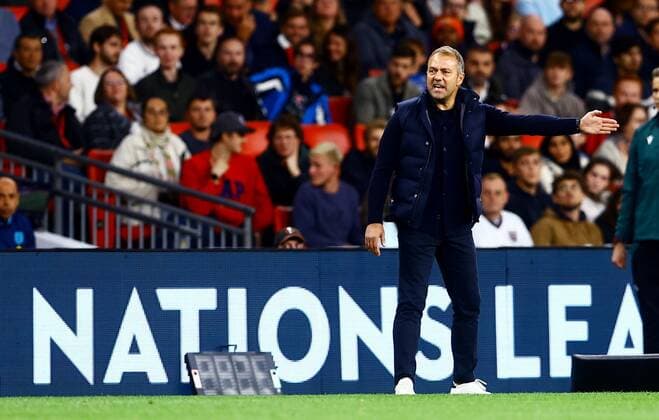 Mandatory Credit: Photo by Kieran McManus Shutterstock (13421401by) Germany Manager Hansi Flick. England v Germany, UEFA Nations League, Group A3, International Football, Wembley Stadium, London, UK - 26 Sep 2022 EDITORIAL USE ONLY No use with unauthorised audio, video, data, fixture lists, club league logos or live services. Online in-match use limited to 120 images, no video emulation. No use in betting, games or single club league player publications. England v Germany, UEFA Nations League, Group A3, International Football, Wembley Stadium, London, UK - 26 Sep 2022 EDITORIAL USE ONLY No use with unauthorised audio, video, data, fixture lists, club league logos or live services. Online in-match use limited to 120 images, no video emulation. No use in betting, games or single club league player publications. Copyright: xKieranxMcManus Shutterstockx 13421401by