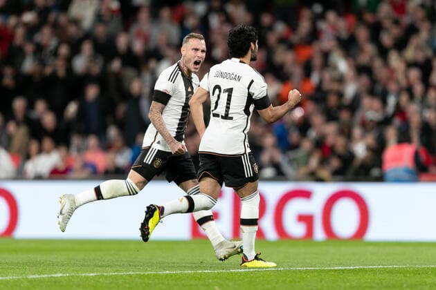 Mandatory Credit: Photo by Juan Gasparini JMP Shutterstock (13421987bl) Ilkay Gundogan of Germany celebrates after scoring a goal England v Germany, UK - 26 Sep 2022 Editorial use only England v Germany, UK - 26 Sep 2022 Editorial use only  Copyright: xJuanxGasparini JMP Shutterstockx 13421987bl