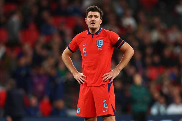 London, England, 26th September 2022. Dejected Harry Maguire of England during the UEFA Nations League match at Wembley Stadium, London. Picture credit should read: David Klein Sportimage EDITORIAL USE ONLY. No use with unauthorised audio, video, data, fixture lists, club league logos or live services. Online in-match use limited to 120 images, no video emulation. No use in betting, games or single club league player publications. SPI-1909-0076