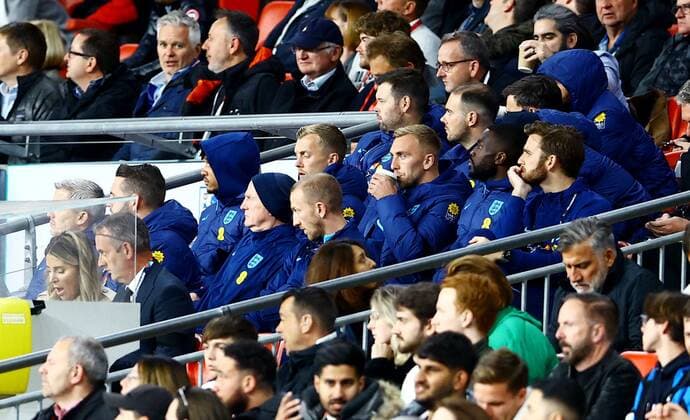 Mandatory Credit: Photo by Kieran McManus Shutterstock (13421401cp) England players not in the match day squad are seen in the stands. England v Germany, UEFA Nations League, Group A3, International Football, Wembley Stadium, London, UK - 26 Sep 2022 EDITORIAL USE ONLY No use with unauthorised audio, video, data, fixture lists, club league logos or live services. Online in-match use limited to 120 images, no video emulation. No use in betting, games or single club league player publications. England v Germany, UEFA Nations League, Group A3, International Football, Wembley Stadium, London, UK - 26 Sep 2022 EDITORIAL USE ONLY No use with unauthorised audio, video, data, fixture lists, club league logos or live services. Online in-match use limited to 120 images, no video emulation. No use in betting, games or single club league player publications. Copyright: xKieranxMcManus Shutterstockx 13421401cp